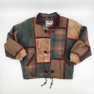 Vintage Genuine Leather Wool Patchwork Coat Plaid Toggle Button Brown Medium